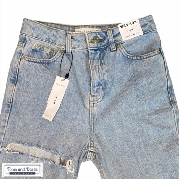 TOPSHOP Premium Distressed Mom Jeans 25W x 32L - Picture 2 of 8